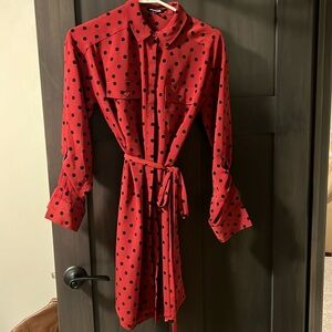 Express red button up dress with black polka dots